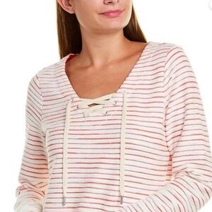 Tommy Bahama Catalina Lace Up Top Long Sleeves Coral White Stripes Medium